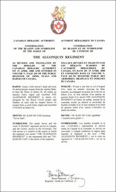 Lettres patentes confirmant le blasonnement de l'insigne de The Algonquin Regiment