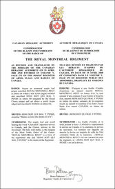 Letters patent confirming the blazon of the Badge of The Royal Montreal Regiment Letters patent confirming the blazon of the Badge of The Royal Montreal Regiment