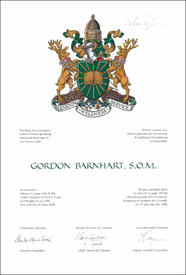 Letters patent granting heraldic emblems to Gordon Barnhart Letters patent granting heraldic emblems to Gordon Barnhart