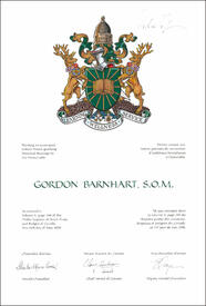 Letters patent granting heraldic emblems to Gordon Barnhart