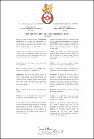Letters patent confirming the heraldic emblems of the Municipalité de Stanbridge East