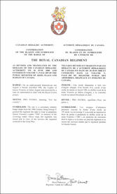 Letters patent confirming the blazon of the Badge of The Royal Canadian Regiment