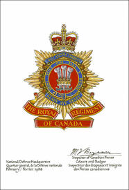 Letters patent confirming the blazon of the Badge of The Royal Regiment of Canada