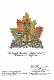 Lettres patentes confirmant le blasonnement de l'insigne de The Royal Hamilton Light Infantry (Wentworth Regiment) Lettres patentes confirmant le blasonnement de l'insigne de The Royal Hamilton Light Infantry (Wentworth Regiment)