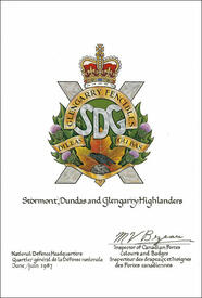 Letters patent confirming the blazon of the Badge of the Stormont, Dundas and Glengarry Highlanders Letters patent confirming the blazon of the Badge of the Stormont, Dundas and Glengarry Highlanders