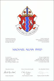 Lettres patentes concédant des emblèmes héraldiques à Michael Allan Bird