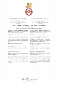 Letters patent confirming the heraldic emblems of the Emily Carr University of Art and Design