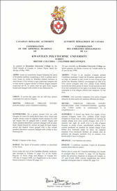 Letters patent confirming the heraldic emblems of Kwantlen Polytechnic University