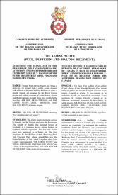 Lettres patentes confirmant le blasonnement de l'insigne de The Lorne Scots (Peel, Dufferin and Halton Regiment)