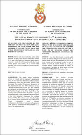 Letters patent confirming the blazon of the Badge of The Loyal Edmonton Regiment (4th Battalion, Princess Patricia’s Canadian Light Infantry) Letters patent confirming the blazon of the Badge of The Loyal Edmonton Regiment (4th Battalion, Princess Patricia’s Canadian Light Infantry)