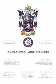 Lettres patentes concédant des emblèmes héraldiques à Alexandra Anne Pellerin Lettres patentes concédant des emblèmes héraldiques à Alexandra Anne Pellerin