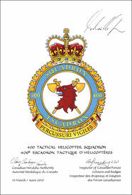 Lettres patentes confirmant le blasonnement de l'insigne du 400e Escadron tactique d'hélicoptère Lettres patentes confirmant le blasonnement de l'insigne du 400e Escadron tactique d'hélicoptère
