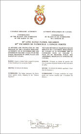 Lettres patentes confirmant le blasonnement de l'insigne du 407e Escadron de patrouille à longue portée Lettres patentes confirmant le blasonnement de l'insigne du 407e Escadron de patrouille à longue portée