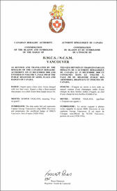 Letters patent confirming the blazon of the Badge of HMCS Vancouver Letters patent confirming the blazon of the Badge of HMCS Vancouver
