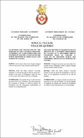 Letters patent confirming the blazon of the Badge of HMCS Ville de Québec Letters patent confirming the blazon of the Badge of HMCS Ville de Québec