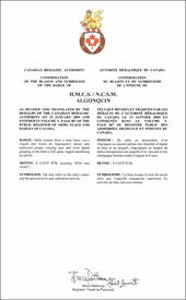 Lettres patentes confirmant le blasonnement de l'insigne du NCSM Algonquin Lettres patentes confirmant le blasonnement de l'insigne du NCSM Algonquin