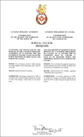 Lettres patentes confirmant le blasonnement de l'insigne du NCSM Iroquois Lettres patentes confirmant le blasonnement de l'insigne du NCSM Iroquois