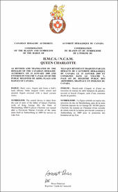 Lettres patentes confirmant le blasonnement de l'insigne du NCSM Queen Charlotte Lettres patentes confirmant le blasonnement de l'insigne du NCSM Queen Charlotte