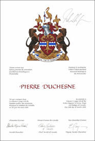 Letters patent granting heraldic emblems to Pierre Duchesne Letters patent granting heraldic emblems to Pierre Duchesne