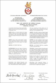 Lettres patentes enregistrant les emblèmes héraldiques du Barreau du Haut-Canada