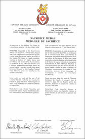 Letters patent registering the Sacrifice Medal