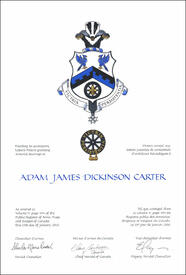 Letters patent granting heraldic emblems to Adam James Dickinson Carter