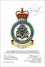 Lettres patentes confirmant le blasonnement de l'insigne du 748e escadron des communications (Nanaimo)
