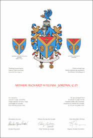 Letters patent granting heraldic emblems to Arthur Richard William Jordan