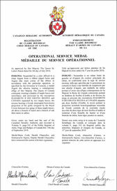 Letters patent registering the Operational Service Medal