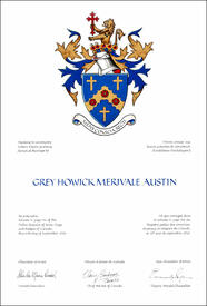 Letters patent granting heraldic emblems to Grey Howick Merivale Austin