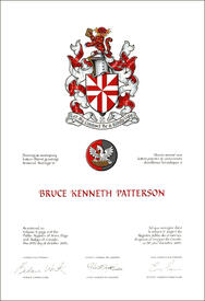 Letters patent granting heraldic emblems to Bruce Kenneth Patterson Letters patent granting heraldic emblems to Bruce Kenneth Patterson