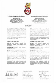 Letters patent registering the heraldic emblems of the Province of Ontario