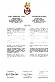 Letters patent registering the heraldic emblems of the Province of Quebec