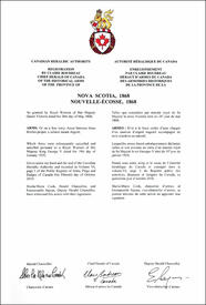 Lettres patentes enregistrant les emblèmes historiques de la Province de la Nouvelle-Écosse