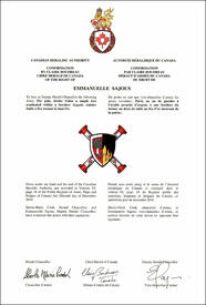 Lettres patentes confirmant les armoiries parties d’office de Emmanuelle Sajous en tant que vice-chancelier d'armes Lettres patentes confirmant les armoiries parties d’office de Emmanuelle Sajous en tant que vice-chancelier d'armes