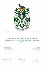 Letters patent granting heraldic emblems to the Municipality of the Township of Marston
