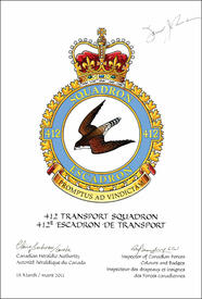 Letters patent confirming the blazon of the Badge of the 412 Transport Squadron Letters patent confirming the blazon of the Badge of the 412 Transport Squadron