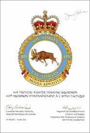 Letters patent confirming the blazon of the Badge of the 419 Tactical Fighter Training Squadron