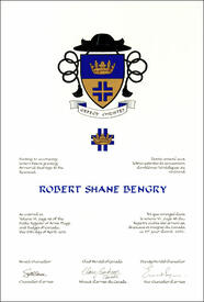Letters patent granting heraldic emblems to Robert Shane Bengry Letters patent granting heraldic emblems to Robert Shane Bengry