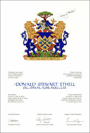 Letters patent granting heraldic emblems to Donald Stewart Ethell Letters patent granting heraldic emblems to Donald Stewart Ethell