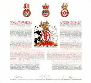 Letters patent granting heraldic emblems to the Wong Kung Har Wun Sun Association