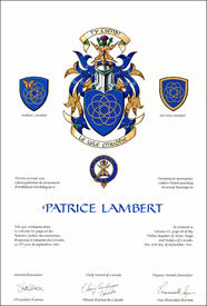 Letters patent granting heraldic emblems to Patrice Lambert Letters patent granting heraldic emblems to Patrice Lambert