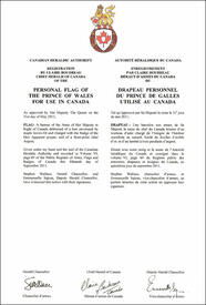 Letters patent registering the Flag of the Prince of Wales for personal use in Canada