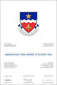 Lettres patentes concédant des emblèmes héraldiques à l'Association des Hébert d’Acadie Inc.