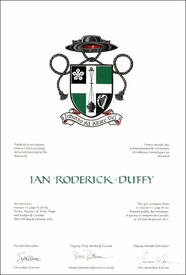 Letters patent granting heraldic emblems to Ian Roderick Duffy Letters patent granting heraldic emblems to Ian Roderick Duffy