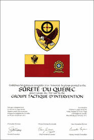 Letters patent granting heraldic emblems to the Sûreté du Québec for use by the Groupe tactique d'intervention