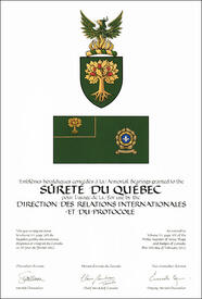 Lettres patentes concédant des emblèmes héraldiques à la Sûreté du Québec pour l’usage de la Direction des relations internationales et du protocole Lettres patentes concédant des emblèmes héraldiques à la Sûreté du Québec pour l’usage de la Direction des relations internationales et du protocole