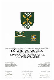 Letters patent granting heraldic emblems to the Sûreté du Québec for use by the Division de la protection des personnalités