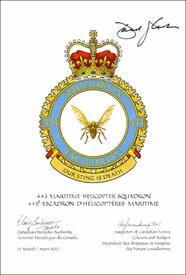 Letters patent confirming the blazon of the Badge of the 443 Maritime Helicopter Squadron