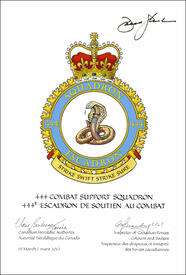 Letters patent confirming the blazon of the Badge of the 444 Combat Support Squadron Letters patent confirming the blazon of the Badge of the 444 Combat Support Squadron